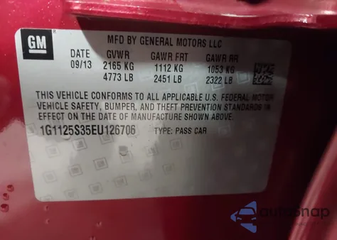 2014 Chevrolet Impala 2Lt z USA, uszkodzony, nr VIN 1G1125S35EU126706